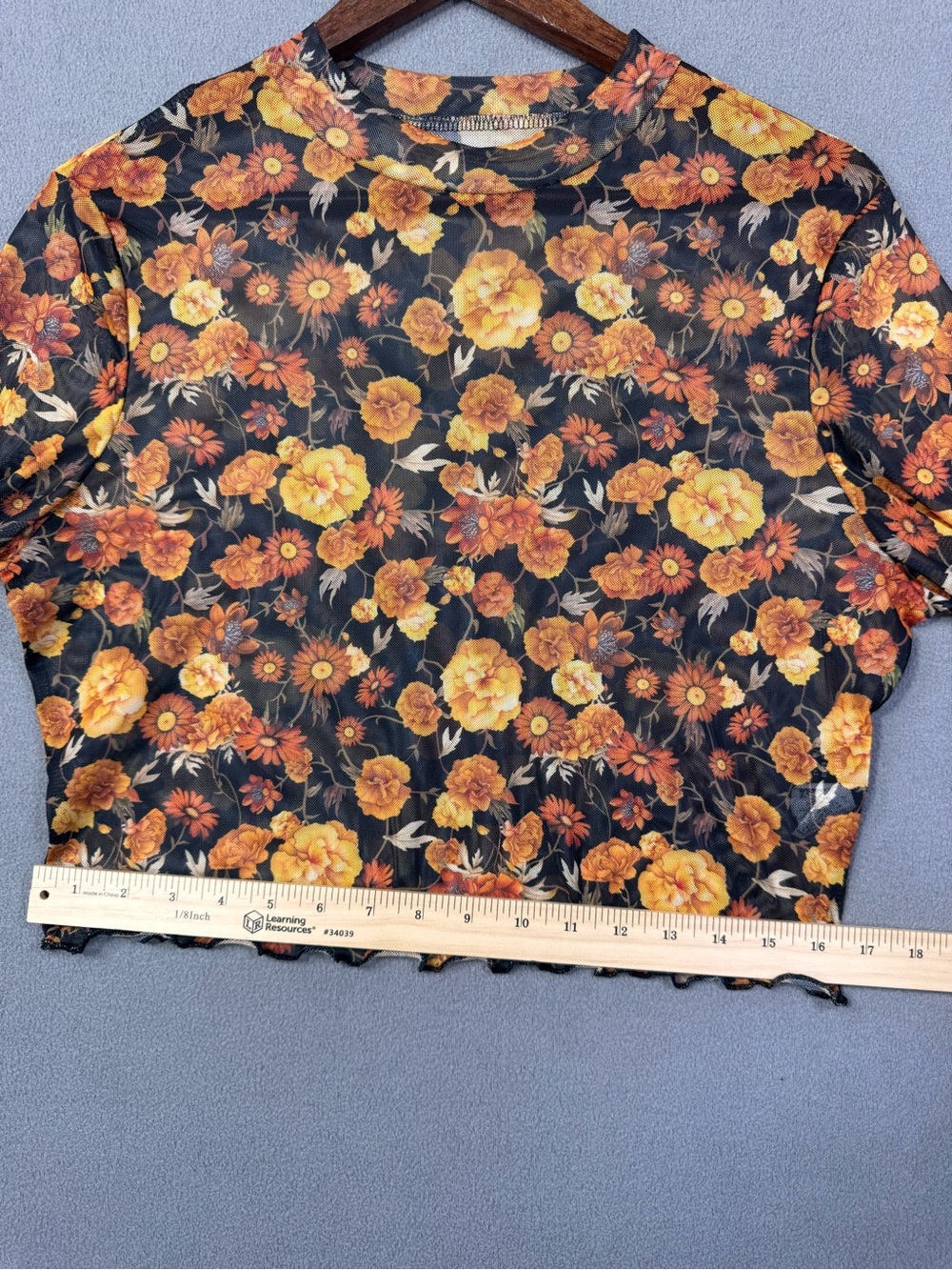 Boho Sheer Floral SheerLong Sleeve Crop Top Black with Orange Yellow Flowers, XL - Picture 12 of 14
